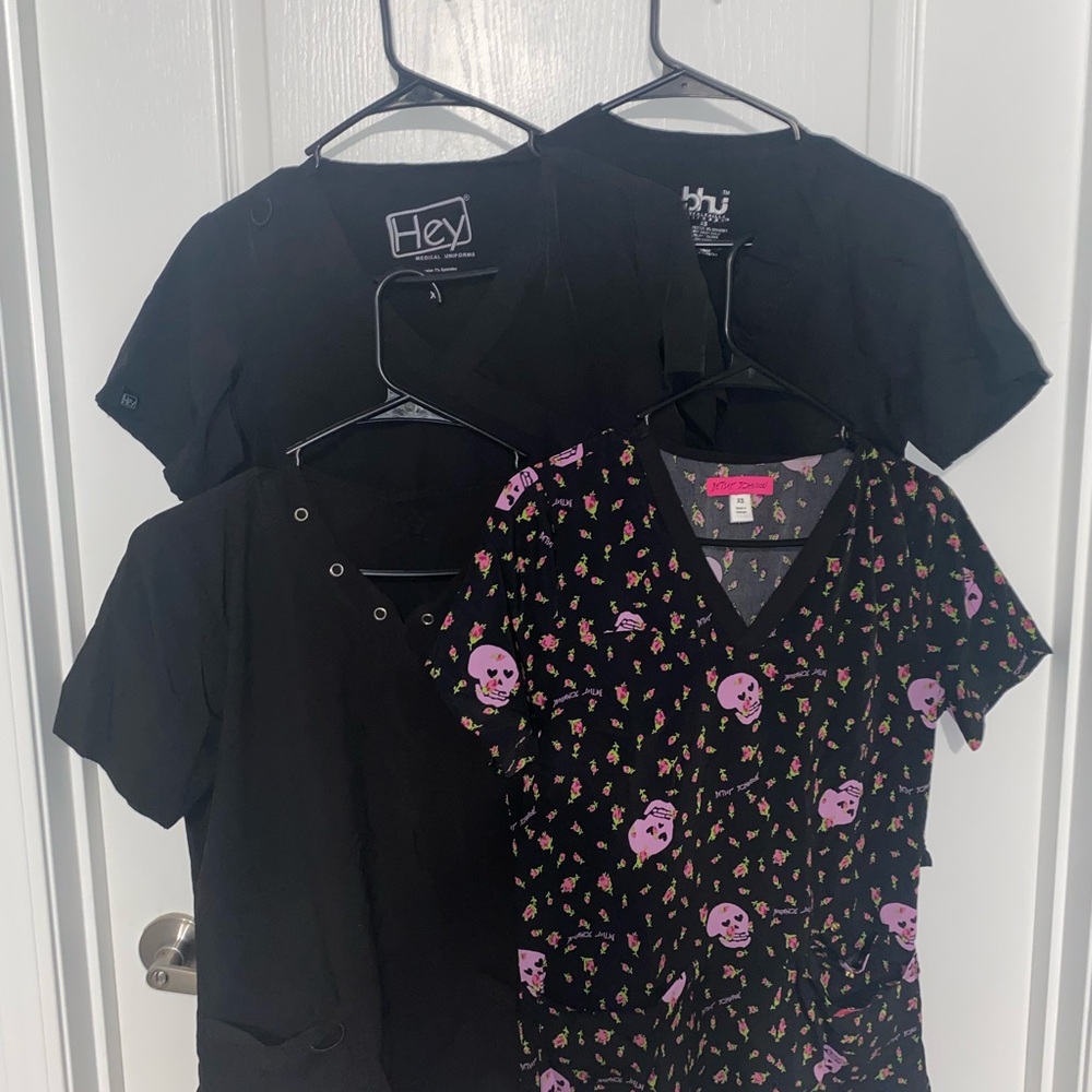 Betsey Johnson Black Scrub Top with design & 3 Plain Black Scrub Tops
